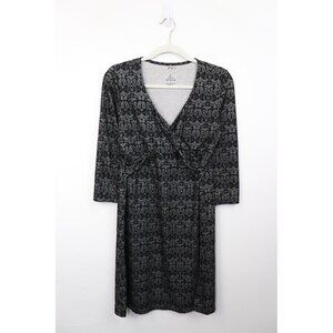 Prana Printed Twist Front‎ Faux Wrap Dress 3/4 Sleeve V-Neck Knee Length Grey S